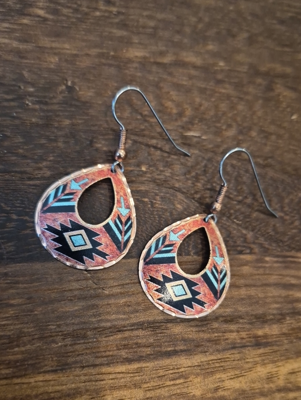 Southwestern Aztec Print Copper & Silver Tone Tear Drop Dangle Earrings - Picture 2 of 7